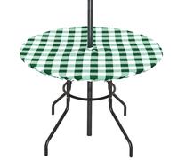 3E Home Fitted Round Outdoor Tablecloth with Parasol Hole,44 Inch Splash-Proof Polyester Green Gingham Table Cloth with Umbrella Hole Elastic for Garden Poolside Picnic Fits to 32"-38" Patio Table