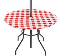 3E Home Fitted Round Outdoor Tablecloth with Parasol Hole,44 Inch Splash-Proof Polyester Red Gingham Table Cloth with Umbrella Hole Elastic for Garden Poolside Picnic Fits to 32"-38" Patio Table