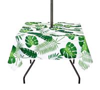 3E Home Outdoor Table Cloth with Parasol Hole and Zipper, Heavy Duty Wipe Clean Splashproof Patio Tablecloth, Square 60 x 60 Inch Table Cover for Dining, Picnic, Garden BBQ, Summer Parties, Palm leaf