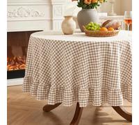 3E Home Taupe Gingham Washed Cotton Ruffle Table Cloth 152 cm Round | 100% Washed Cotton, Extra 15cm Ruffle, 60 Inch Round, Warm Taupe Country Checks for Farmhouse Meals and Autumn Dining