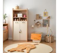 3FlexHome Stackable Toy Storage Box on Wheels with Front Lid - Plastic Storage Containers for Toys, Snacks, Clothes, Multi-Purpose Tower Organiser for Kitchen, Bathroom, Bedroom (Cream-Bamboo, 3x12LT)