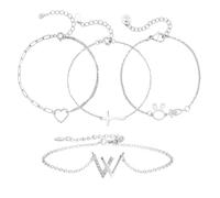 3FT 4 pieces Minimalist Adjustable Bracelets for Women, Set with Cross, Heart, Letter W, Rabbit & Infinity Symbol Charm，Cute Sister Friendship Bracelet，Elegant Christmas Jewelry Gift, Large, Metal, no
