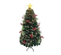 3Ft/90cm Fibre Optic Christmas Tree with Star Topper - Green Pre-Lit Artificial Xmas Tree Featuring Pine Cones, Red Berries, 8 Changing Light Modes