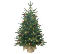 3ft/90cm Pre-Lit Artificial Christmas Tree, Battery Operated Desk Xmas Tree | 80 Lights | 8 Modes & Timer | Burlap Base | Green | 185 PE & PVC Mixed Tips & 12 Red Berries & 10 Pinecone | Holiday Decor