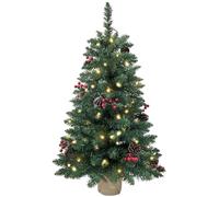 3ft/90cm Pre-Lit Artificial Christmas Tree, Battery Operated Xmas Tree | 70 Lights | 8 Modes & Timer | Burlap Base | Green | 121 Tips & 11 Red Berry & 11 Pinecone | Desktop Xmas Tree Holiday Decor
