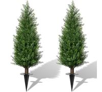 3FT Artificial Cedar Topiary Trees with Ground Spike, Set of 2 UV Resistant Fake Evergreen Trees Bushes Shrubs Artificial Plants Realistic Faux Cypress Plants for Indoor Outdoor Front Porch Garden