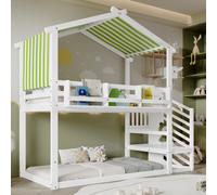 3ft Bunk Bed with Decorative Canopy, Corner Staircase, Picture Bookshelf, Single Bed with Wood Frame, 250L x 108W x 228.5H cm, White+Green Aosom UK