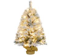 3ft Burlap Base Christmas Tree Artificial - White Frosted Green with LED Lights Warm White 133 Tips