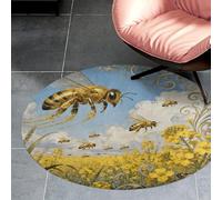 3ft Circle Rug Non Slip Bath Rug Soft Stain Resistant Coral Velvet Bee Rapeseed Field Carpet for Under Round Table Washable Indoor Floor Mat for Living Room Bedroom Nursery Home Office Decor
