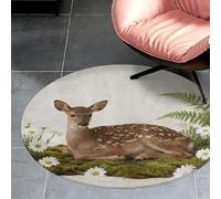 3ft Circle Rug Non Slip Bath Rug Soft Stain Resistant Coral Velvet Deer on Mossy Ground Carpet for Under Round Table Washable Indoor Floor Mat for Living Room Bedroom Nursery Home Office Decor