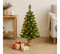 3ft Colour Changing Pre Lit Artificial Green Mini Christmas Tree - 90cm Indoor Battery Operated LED Green Xmas Tree - Hessian Style Base Warm White/Multi Colour Lights 90cm