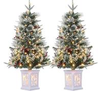 3FT Pre-Lit Snow Flocked Artificial Christmas Tree with 78 Warm White LEDs | 8 Lighting Modes & Timer, Set of 2 Tabletop Holiday Decor with Snowflake Light Box Base