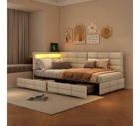 3Ft Single Bed 90X190 With Led And Usb, Upholstered Headboard And Storage Drawers, Day Bed, Sofa Bed Frame, Linen