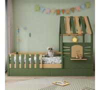 3ft Single Bed with 2 Storage Drawers, Safety Guardrail, Children's Wooden Bed with Faux Roof Design, 197.5L x 97W x 166H cm, Green+Natural Aosom UK