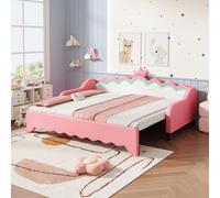 3ft Single Daybed with LED Headboard, App-controlled RGB Lighting, Bed Frame with Pull-out Trundle, 202L x 182W x 91H cm, Cream White+Pink Aosom UK