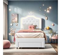 3Ft Single Upholstered Bed With Adjustable Headboard, Pu Bed Frame With Storage Drawer, Stylish Headboard With Crown, Bed 90X190Cm