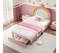 3ft Single Upholstered Bed with Storage Drawer, Rainbow Headboard,Pink