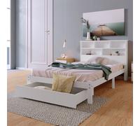 3ft Single Wooden Bed Frame Solid Pine Wood W/ Drawer & Storage Shelves White