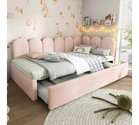 3ft Upholstered Daybed with Pull-Out Bed, Velvet Fabric, Easy Installation, Single Sofa Bed with Slatted Frame, 193L x 97W x 76H cm, Pink Aosom UK