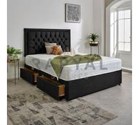 (3ft6, No Drawers, Black) Luxury Plush Velvet Divan Bed With Chesterfield Bumper Headboard