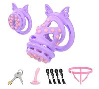 3IN1 Male Large Detachable Chastity Cage Flat Cock Cage - Lightweight Double Lock Bondage Soft Nail Chastity Device Sex Toy with 4 Silicone Rings and Auxiliary Belt for Man Penis Exercise