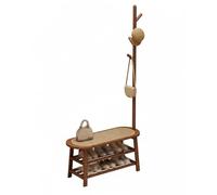 3in1 Rattan Hall Tree with Bench Freestanding Solid Wood Coat Rack & Shoe Storage for Hats Coats Scarves HandbagsDark Wood Entway Organizer (67.3" x 33.5" x 12.8")