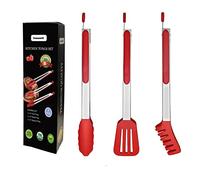3in1 Silicone Kitchen Cooking Tongs Set, Stainless Steel Nonstick Food Tong with BPA Free Silicone Tips for Serving Spaghetti Steak Pizza Salad Vegetable Fruit Grilling BBQ Baking Buffet- (9", Red)
