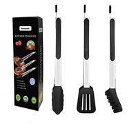 3in1 Silicone Kitchen Cooking Tongs Set, Stainless Steel Nonstick Food Tong with BPA Free Silicone Tips for Serving Spaghetti Steak Pizza Salad Vegetable Fruit Grilling BBQ Baking Buffet- (9", Black)