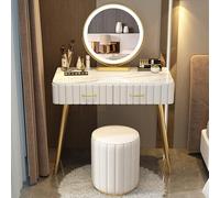 3in1 Vanity Table Set with Flip Mirror & Swivel Stool Integrated LED Lights for Makeup White Wooden Dressing Desk with Illuminated Mirror Perfect for Beauty Enthusiasts