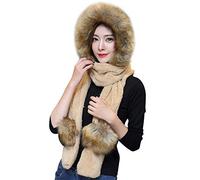 3in1 Women Girls Faux Fur Hooded Scarf Gloves Set Fluffy Warm Earflap Full Hood Hats Long Scarf with Pocket Gloves Thermal Beanie Hat Scarves Neck Warmer Cold Weather Outdoor Thermal Outfit Costume