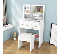 3in1WhiteVanityDeskwithFlipTopMirrorMakeupDressingTablewithHiddenChairStorageDrawers&ShelvesPerfectforSmallSpaces