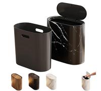 3L Bathroom Bin Trash Can, Modern Wastebasket for Kitchen, Wood Grain Trash Can with Lid, Bathroom Living Room Odor Control, Hand-Press Opening, Farmhouse Style Plastic Bin (Black)