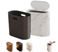 3L Bathroom Bin Trash Can, Modern Wastebasket for Kitchen, Wood Grain Trash Can with Lid, Bathroom Living Room Odor Control, Hand-Press Opening, Farmhouse Style Plastic Bin (White)