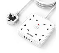 3M 4 Way Extension Lead with 4 USB Slots (1 USB-C + 3 USB-A), Mscien White Wall-Mounted Extension Socket with Switch and LED Indicator for Living Room, Bedroom, Kitchen, Office