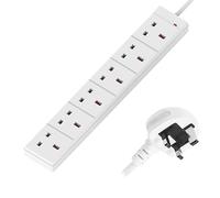 3M 6 Gang Socket Extension Lead UK Pin Plug and Cable White Multi Socket Mains Strip
