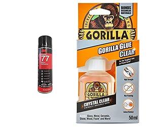 3M 7000116782 Super 77 Multi-Purpose Spray Adhesive - Quick-drying permanent spray glue for paper, fabric, plastic, metal, wood and more, 1x500 ml Bundle with Gorilla 1244002 Glue Crystal Clear 50ml