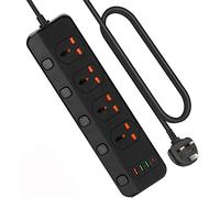 3M/9.84FT Extension Lead 4 AC Way With Fast Charger 3 USB+1 Type-C Slots,13Amp UK Plug Power,Protected Extension Cord with Individual Switches,Power Strip for Home Office (Black)