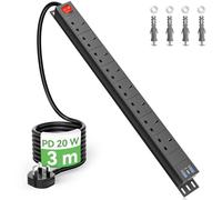 3m Cable 8 Way Power Strip Surge Protector, 8 Way Extension Lead USB C PD20W with Switches, Wall Mount Power Strip with Metal Casing for Home Office Industrial Use, Black, 13A