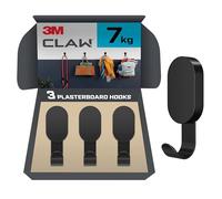 3M CLAW Plasterboard Hanger - 3 Hooks (Holds up to 7kg) Black | No Tools Needed | Easy to Install & Remove | for Hanging Backpacks, Jackets, Bath towels and Home décor