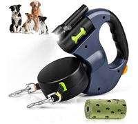 3M Dual Retractable Dog Leash for Two Dogs - 20kg Max Load Non-Slip Grip with 360° Anti-Tangle Nylon Strap, 3-Mode LED Flashlight, One-Click Quick Lock & Built-in Poop Bag Dispenser