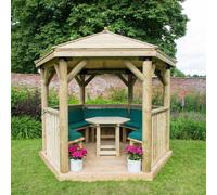 Forest Garden 3m Hexagonal Wooden Garden Gazebo w/ Timber Roof - Furnished w/ Table, Benches and Cushions (Green), Brown