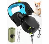 3M Non-Slip Handle Double Dog Lead, 360° No-Tangle Nylon Band, Rechargeable Flashlight, One-Touch Lock, Poop Bags & Dispenser for 2 Dogs Walking, Up to 20kg