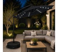 3m Solar Powered Cantilever Lit Banana Garden Parasol with Crank Handle & White LED Lights in Black with Base Bag Included