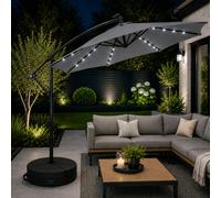 3m Solar Powered Cantilever Lit Banana Garden Parasol with Crank Handle & White LED Lights in Grey with Base Bag Included