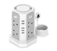 3M Tower Extension Lead with 4 Individual Switches, 8 Way Power Strip(3250W 13A) with 5 USB Ports and Multi-Protection Overload Protection Extension Socket Tower for Home, Office, Kitchen Use