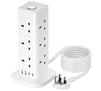3M Tower Extension Lead with USB C, Hotimy 12 Way Multi Plug Extension Tower with 4 USB (2 Type C & 2 USB A Ports) Surge Protected Extension Cord 13A 3250W Tower Power Strip Long Cable for Home Office