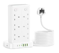 3M Tower Extension lead with USB Slots, 12 Way Multi Plug Extension Tower with 3 Type C and 3 USB A Ports, Overload Protection Power Cord Extension Plug Socket with 4 Individual Switches 13A 3250W