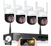 3MP PTZ CKK Cameras, 4pcs Wireless Security Camera System Outdoor with 1TB Hard Drive, 8 Channel 3MP WiFi Surveillance NVR System, 2 Way Audio, Floodlights & Siren Alarm,AI Human Detection