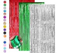 3P 3.2ft x 6.5ft Foil Curtain Christmas Decorations,Red Green Silver Tinsel Curtain Party Backdrop,Foil Fringe Streamers Metallic Tinsel Door Hanging Foil Flow Silk Streamers for Xmas Holiday Party