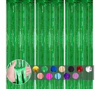 3P Green Metallic Tinsel Curtains, 1*2m Glitter Fringe Wall Tinsel, Shimmer Curtains Tassel Backdrop for Luau Hawaiian Safari Jungle Christmas Party Decorations